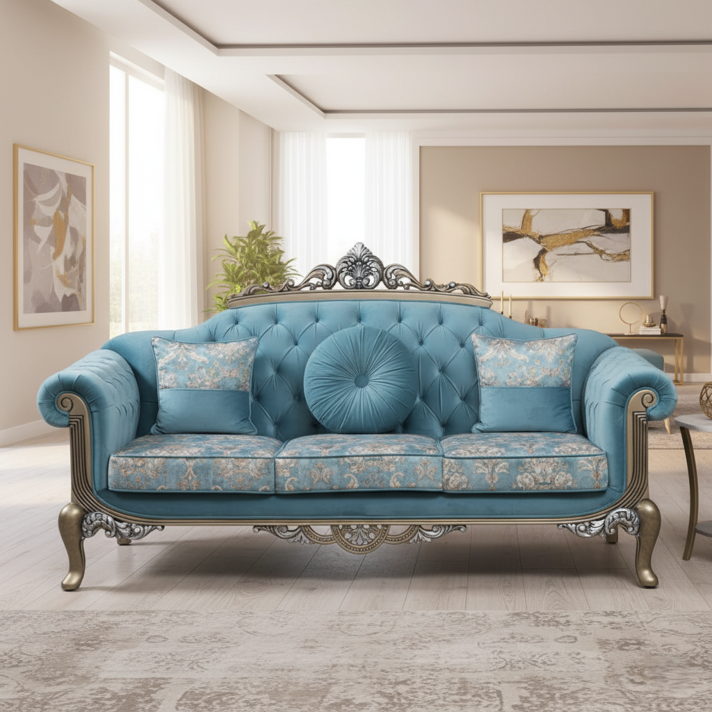 3-Seater Hand-Carved Teak Wood Sofa with Metallic Gold and Silver Polish and Custom Quilted