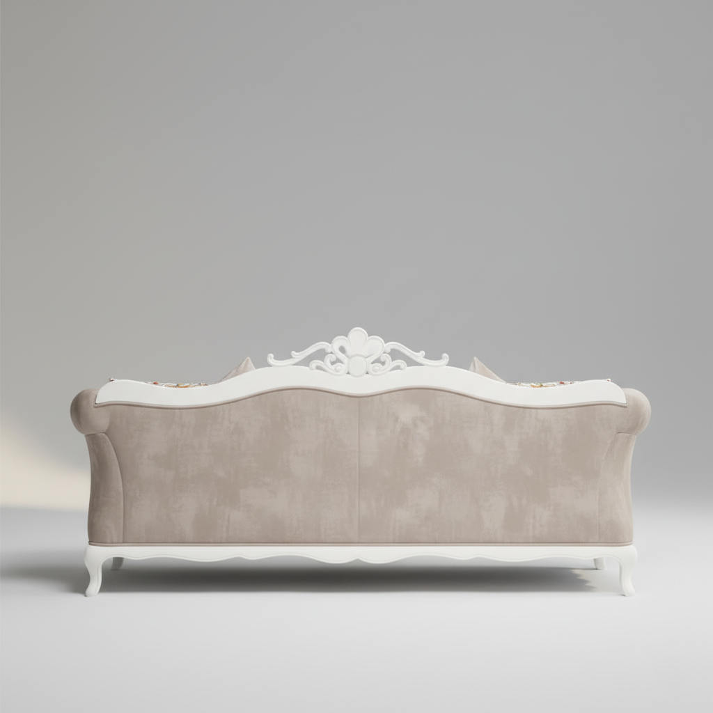 Premium 3-Seater Hand-Carved Sofa with Velvet Upholstery and White Silver Gloss Polish