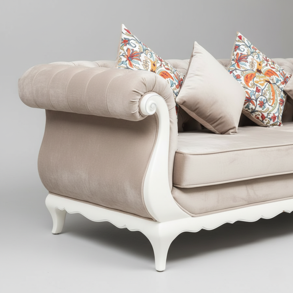 Premium 3-Seater Hand-Carved Sofa with Velvet Upholstery and White Silver Gloss Polish