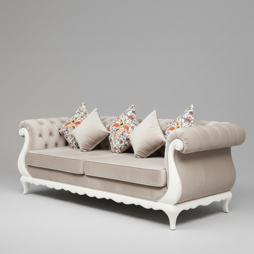 Premium 3-Seater Hand-Carved Sofa with Velvet Upholstery and White Silver Gloss Polish
