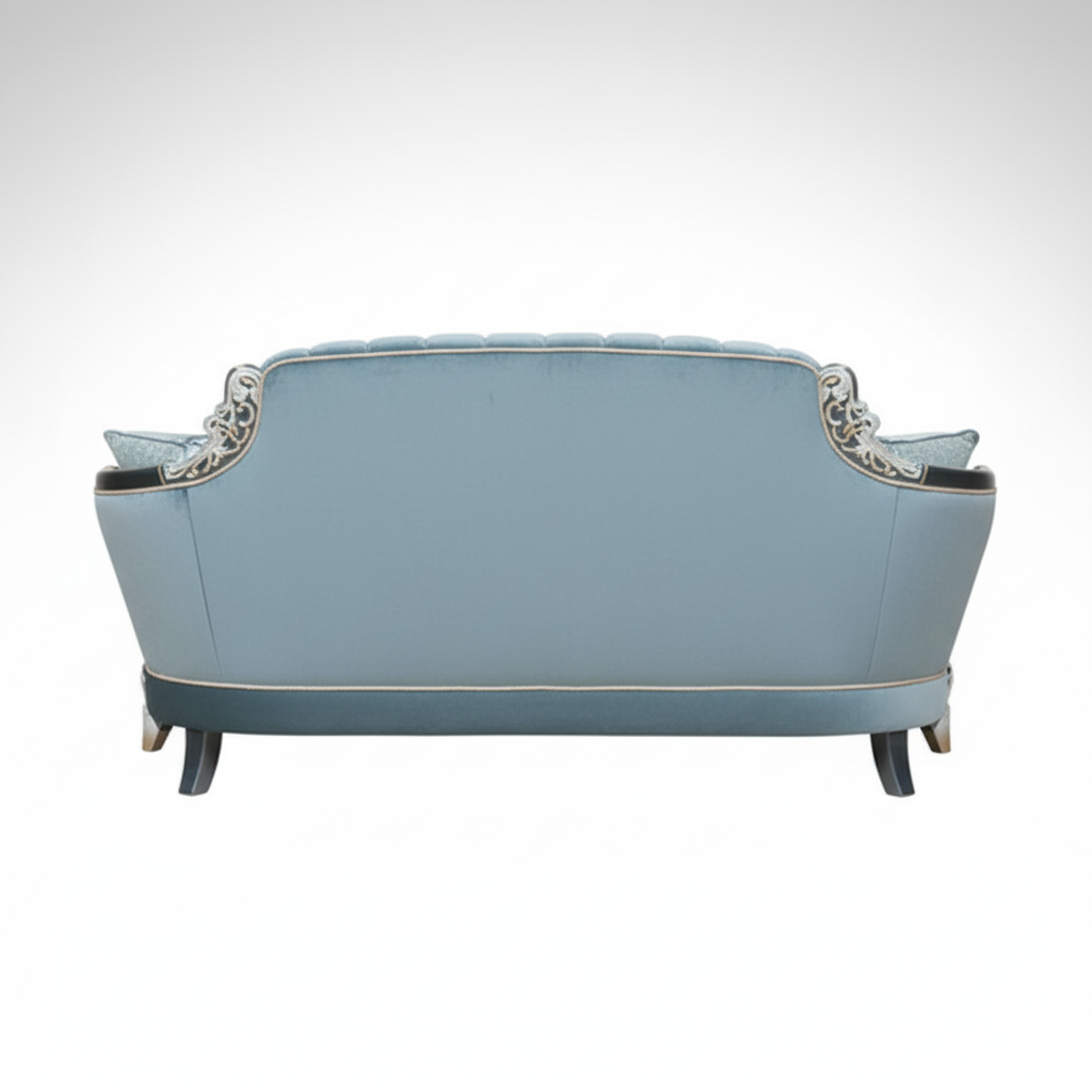 3-Seater Royal Sofa with Blue and White Pearl Finish and Elegant Golden Accents