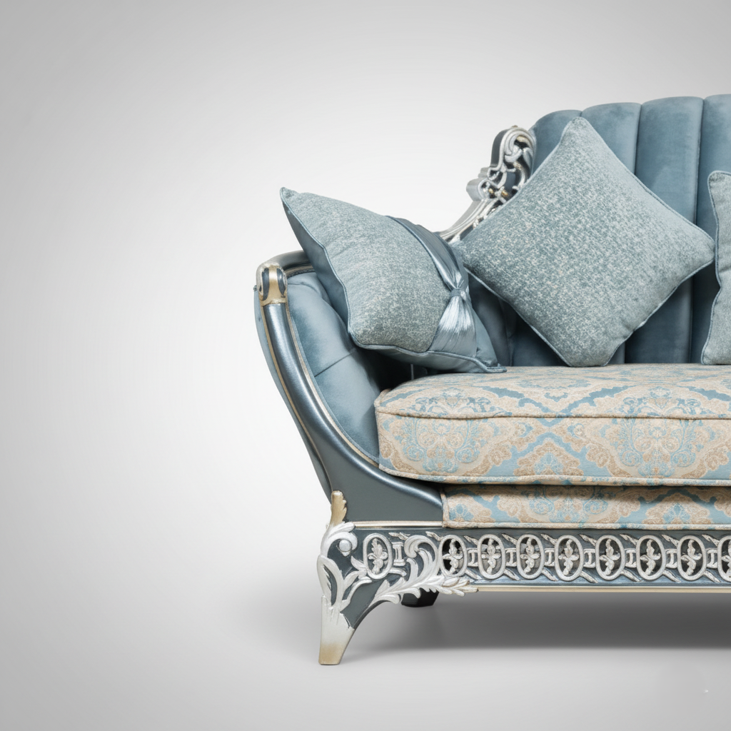 3-Seater Royal Sofa with Blue and White Pearl Finish and Elegant Golden Accents