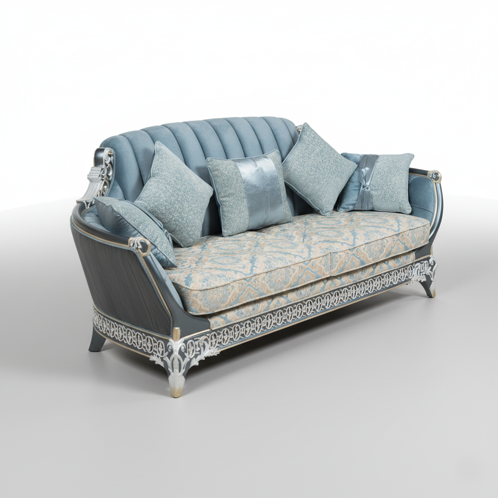 3-Seater Royal Sofa with Blue and White Pearl Finish and Elegant Golden Accents