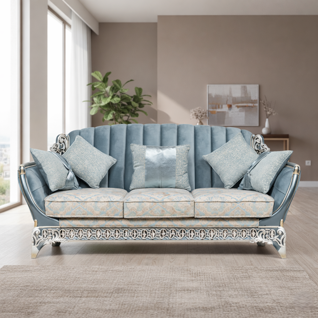 3-Seater Royal Sofa with Blue and White Pearl Finish and Elegant Golden Accents