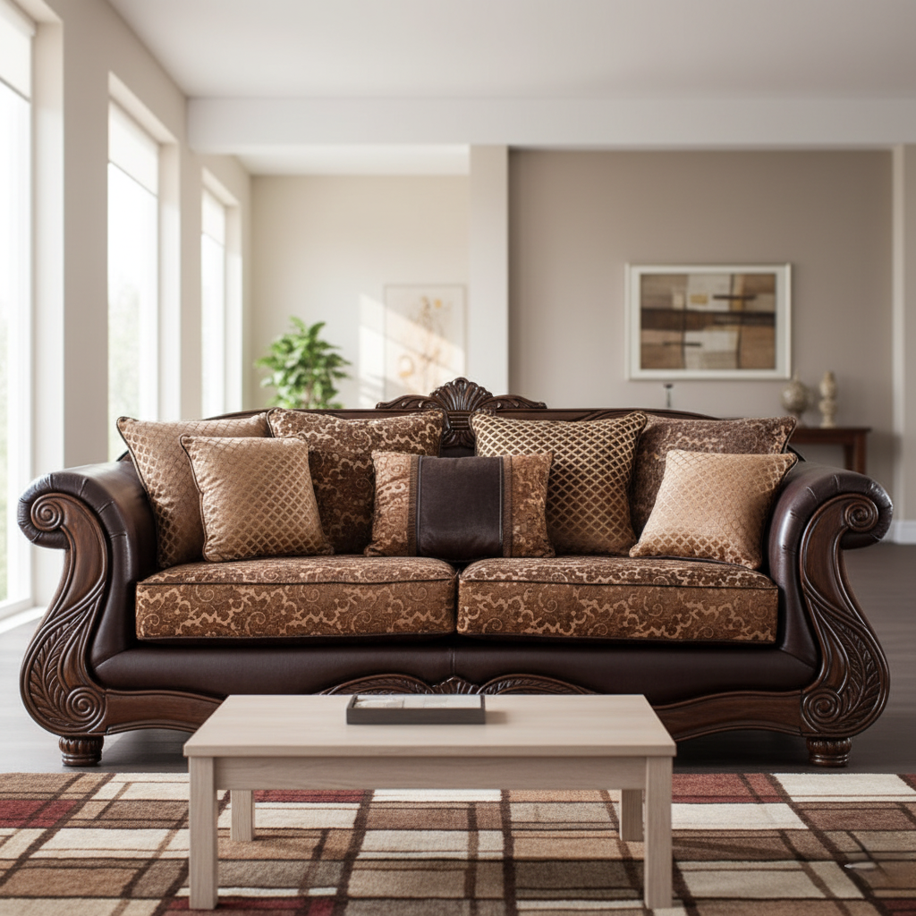 Handcrafted Wood Sofa Set with Teak Finish Antique Design for Luxurious Living Room Decor