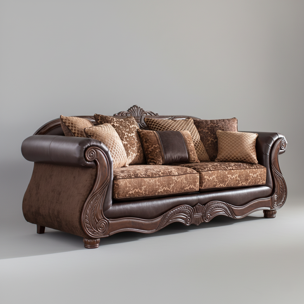 Handcrafted Wood Sofa Set with Teak Finish Antique Design for Luxurious Living Room Decor