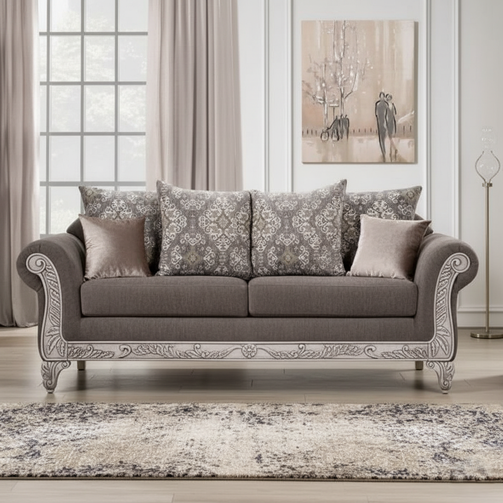 2-Seater Sofa for Living Rooms, Luxury Carved Fabric Sofa with Designer Cushions