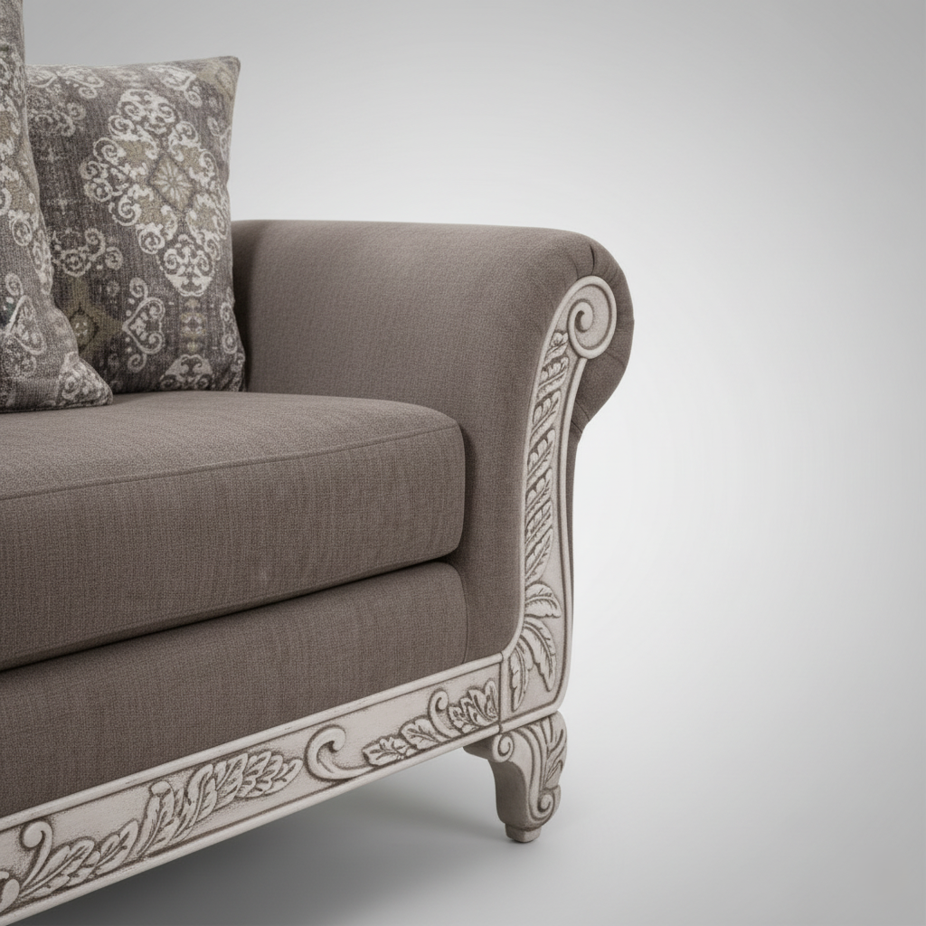 2-Seater Sofa for Living Rooms, Luxury Carved Fabric Sofa with Designer Cushions