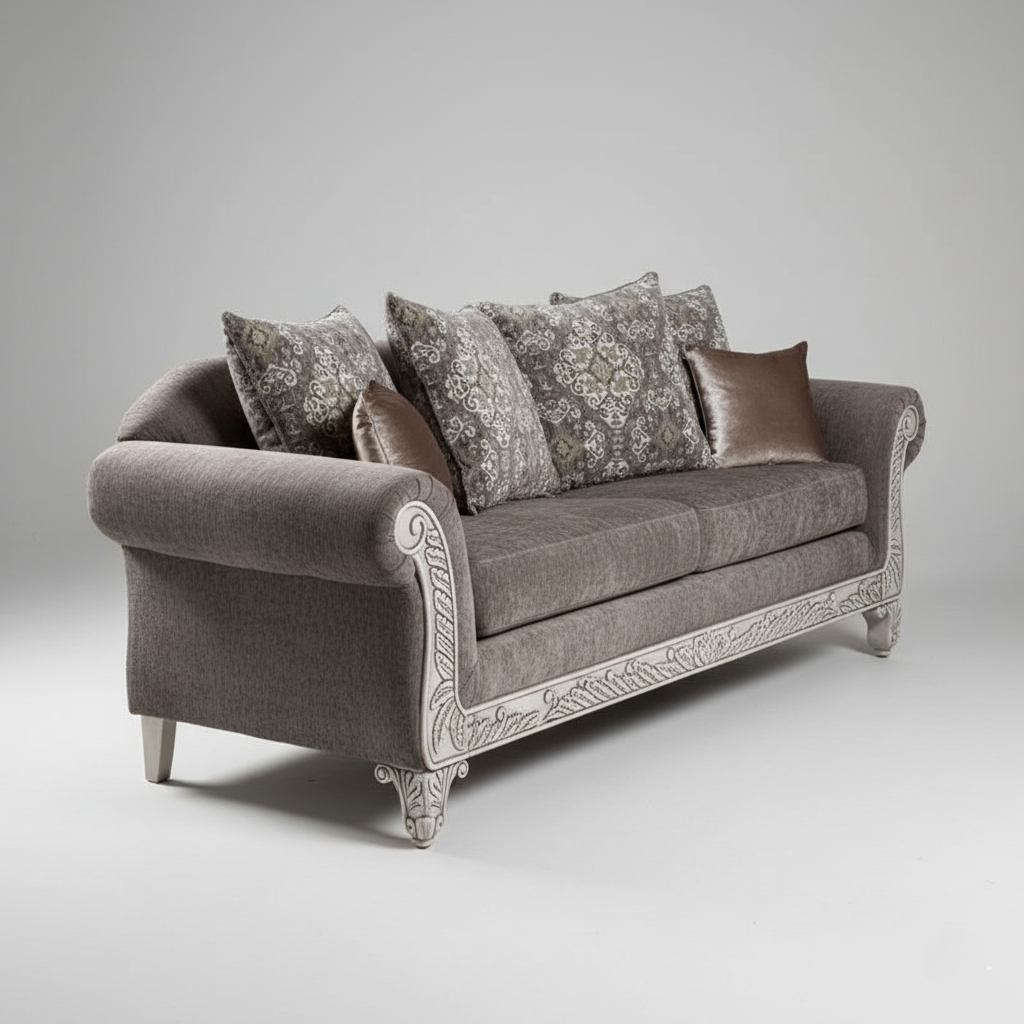 2-Seater Sofa for Living Rooms, Luxury Carved Fabric Sofa with Designer Cushions