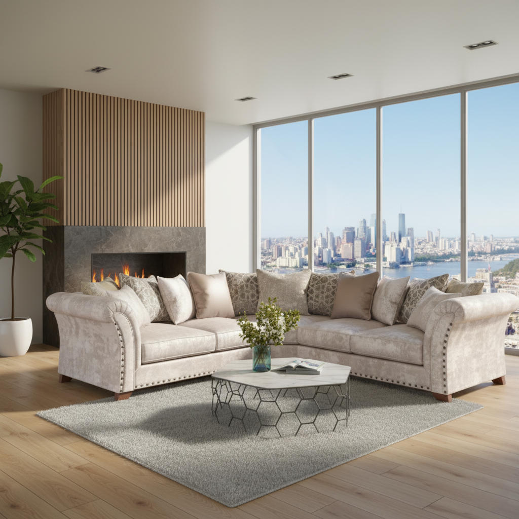 Luxury L-Shaped Sectional Sofa with Designer Cushions Elegant Velvet Finish for Modern Living Rooms