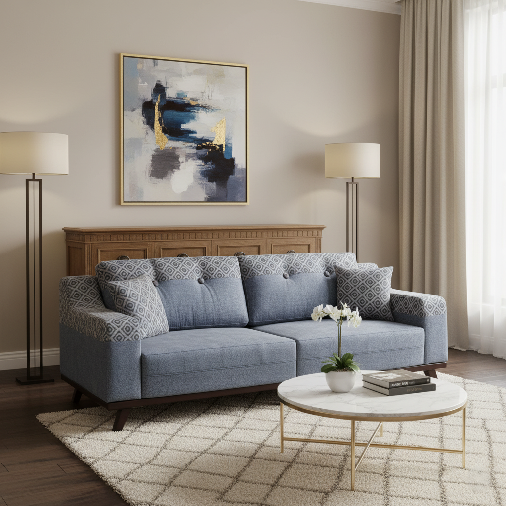 Modern living room with a blue sofa, coffee table, and abstract art on the wall.