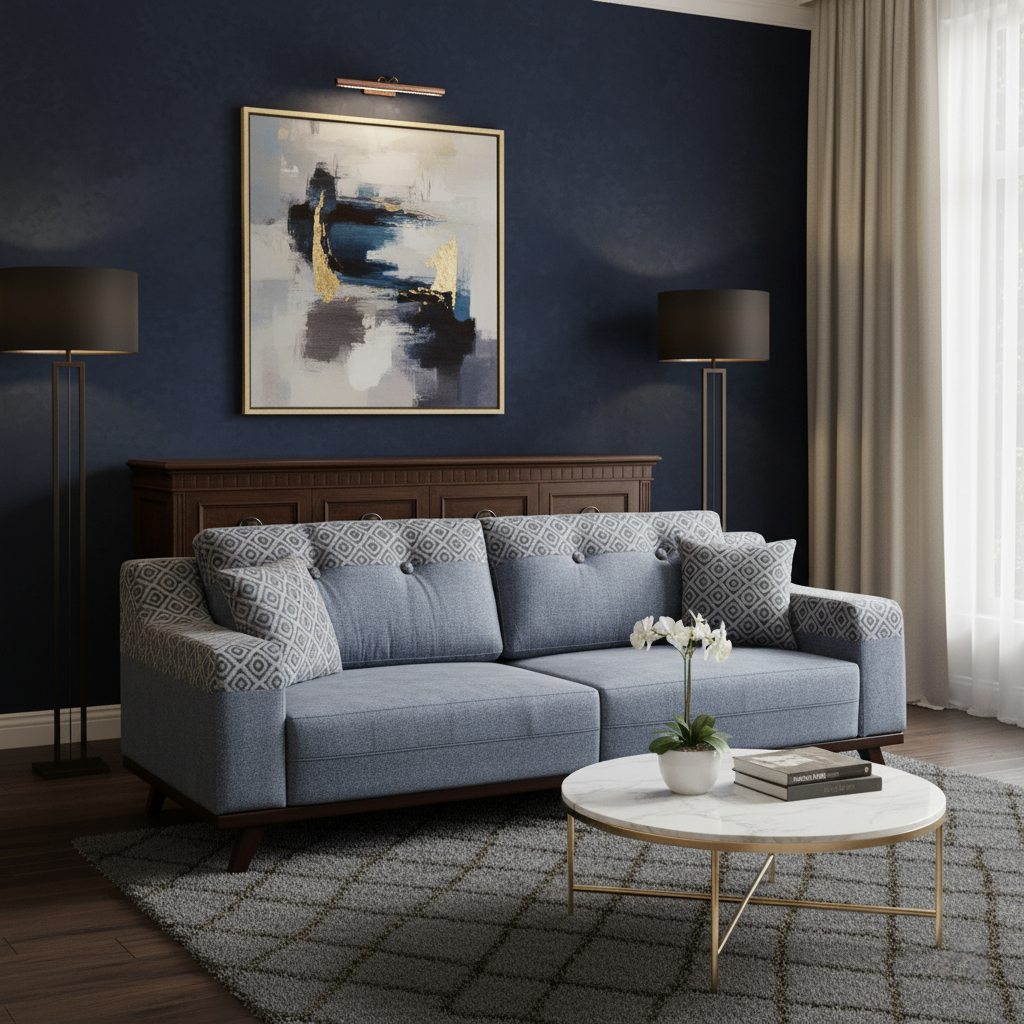 Modern living room with a blue sofa, coffee table, and abstract art on the wall.