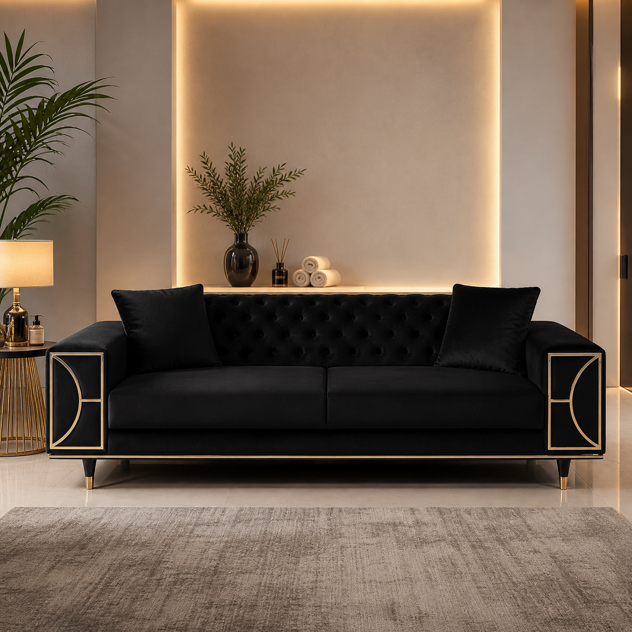 Modern Luxury Tufted Sofa with Metal Accents, Premium Velvet Upholstery, Contemporary Designer Sofa for Living Room and Office Spaces