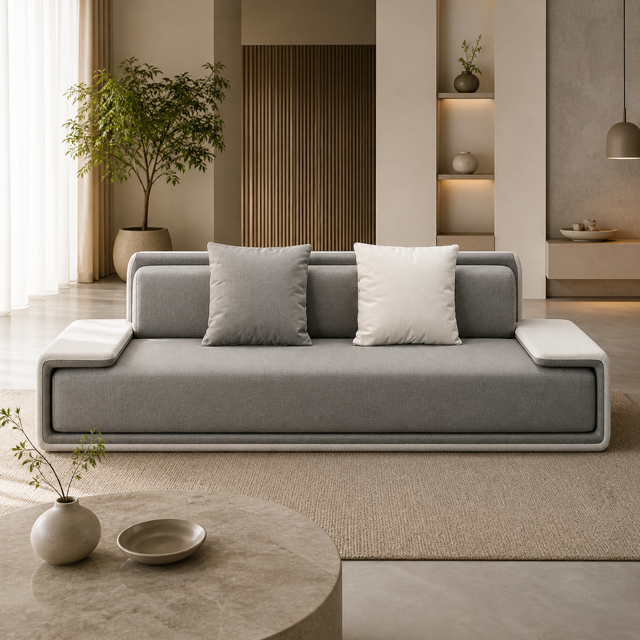 Modern Low Height Designer Sofa in Premium Fabric Upholstery with Deep Seating, Wide Armrests and Minimal Contemporary Style for Living Room