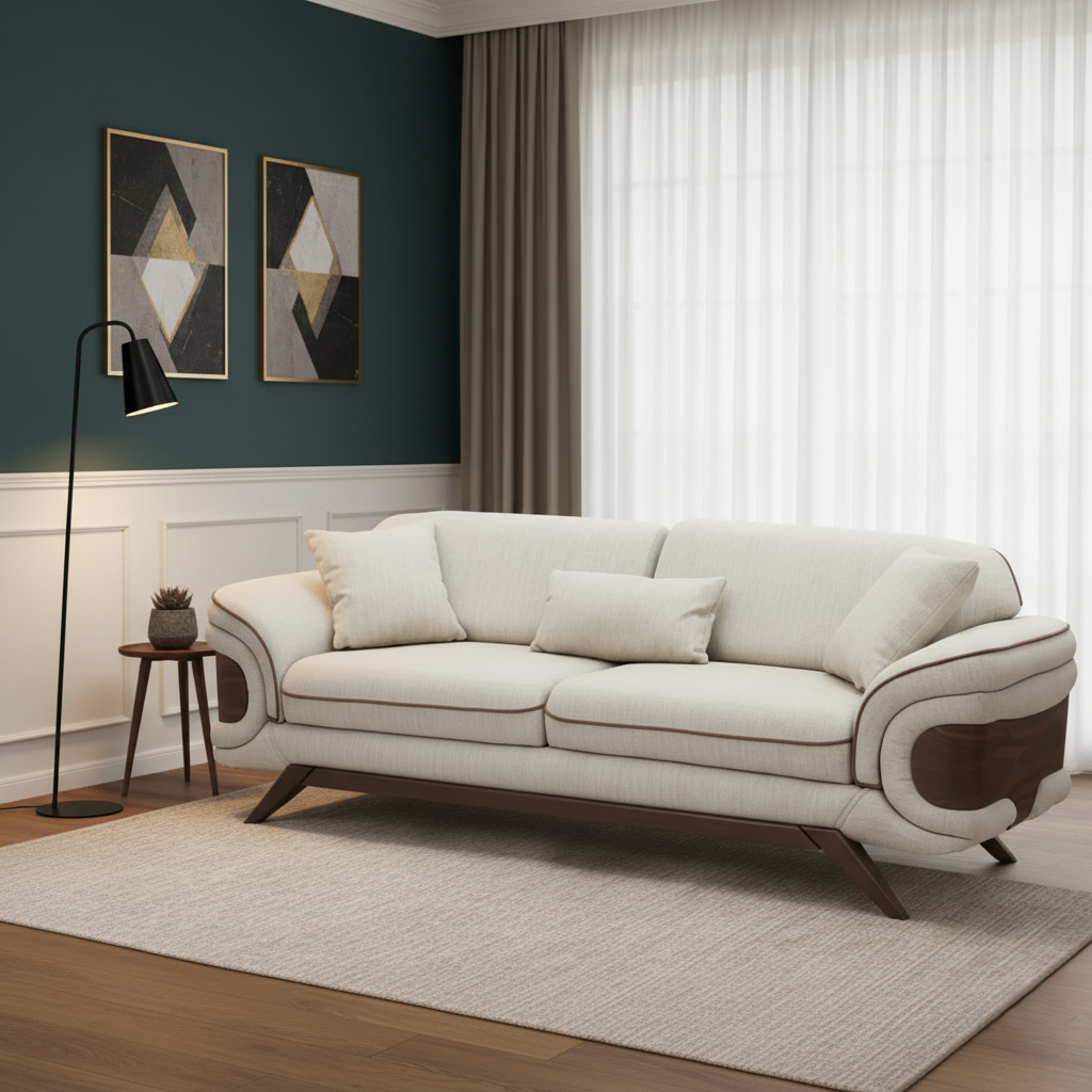 3-Seater Sofa with Dual-Tone Fabric, Wooden Base, and Cushions for Modern Living
