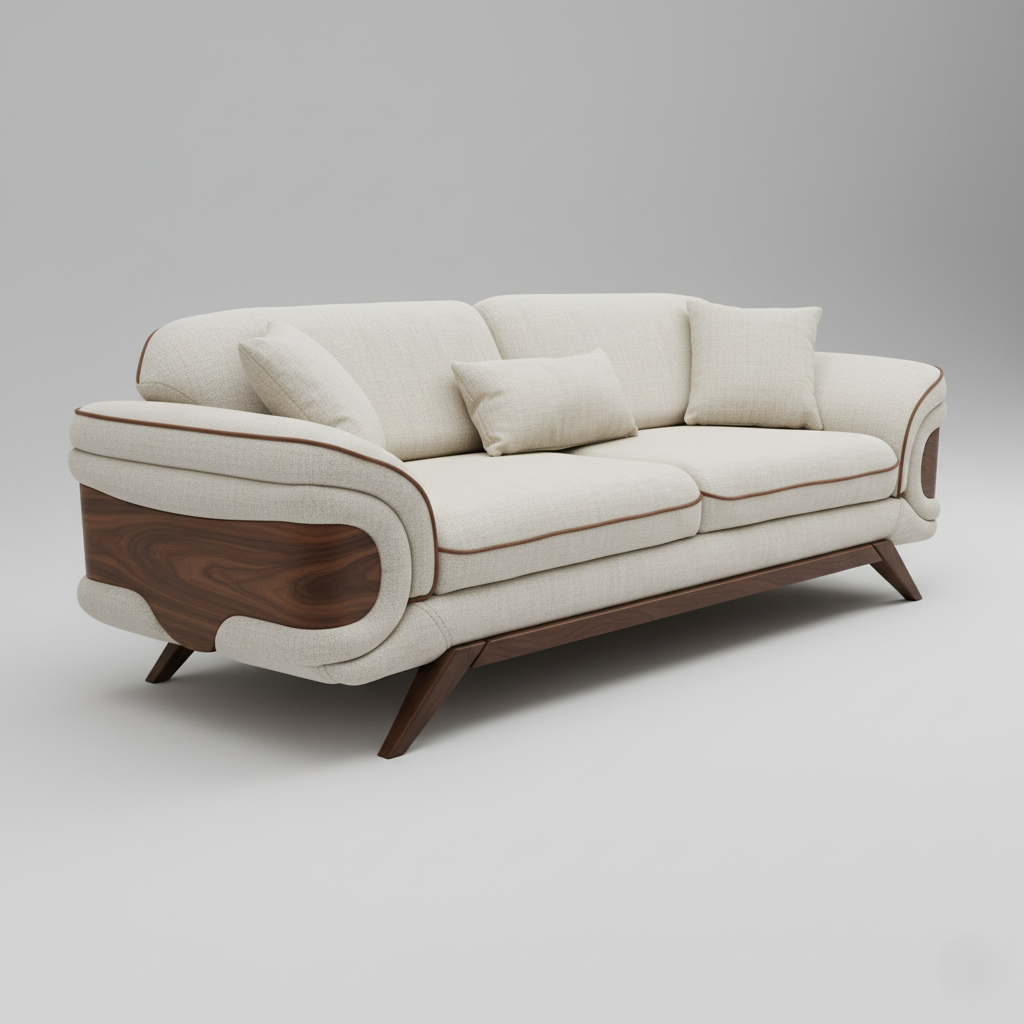 3-Seater Sofa with Dual-Tone Fabric, Wooden Base, and Cushions for Modern Living