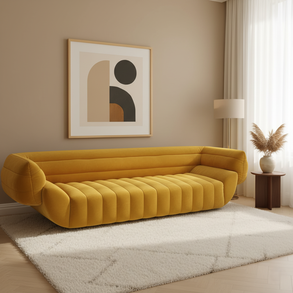 আধুনিক ডিজাইনের সাথে নরম টেক্সচার এবং প্লাশ ফোম কুশন সহ আধুনিক ৩-সিটার ভেলভেট সোফা