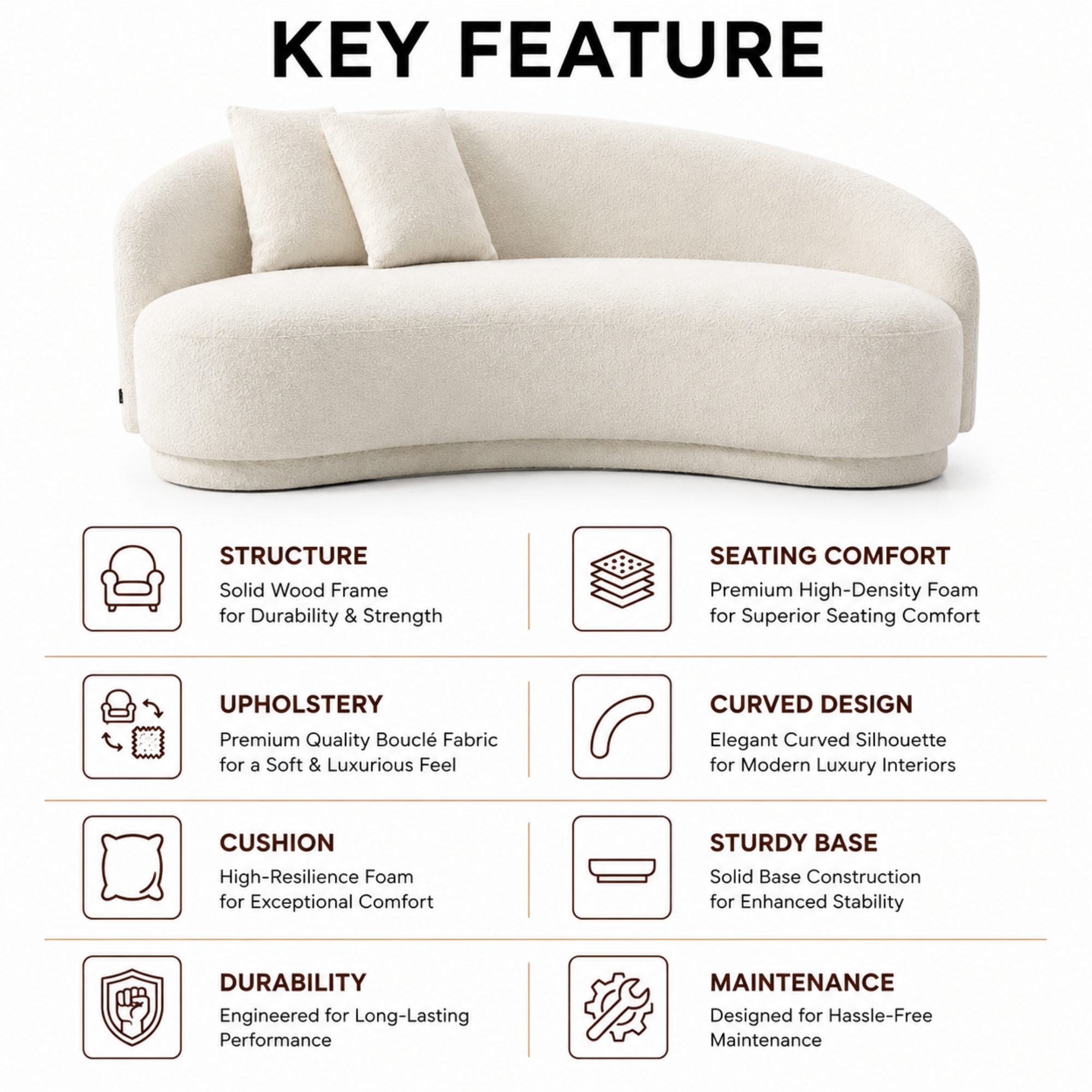 3-Seater Italian Sofa for Home Furniture with Boucle Upholstery, Luxury Finish for Living Spaces