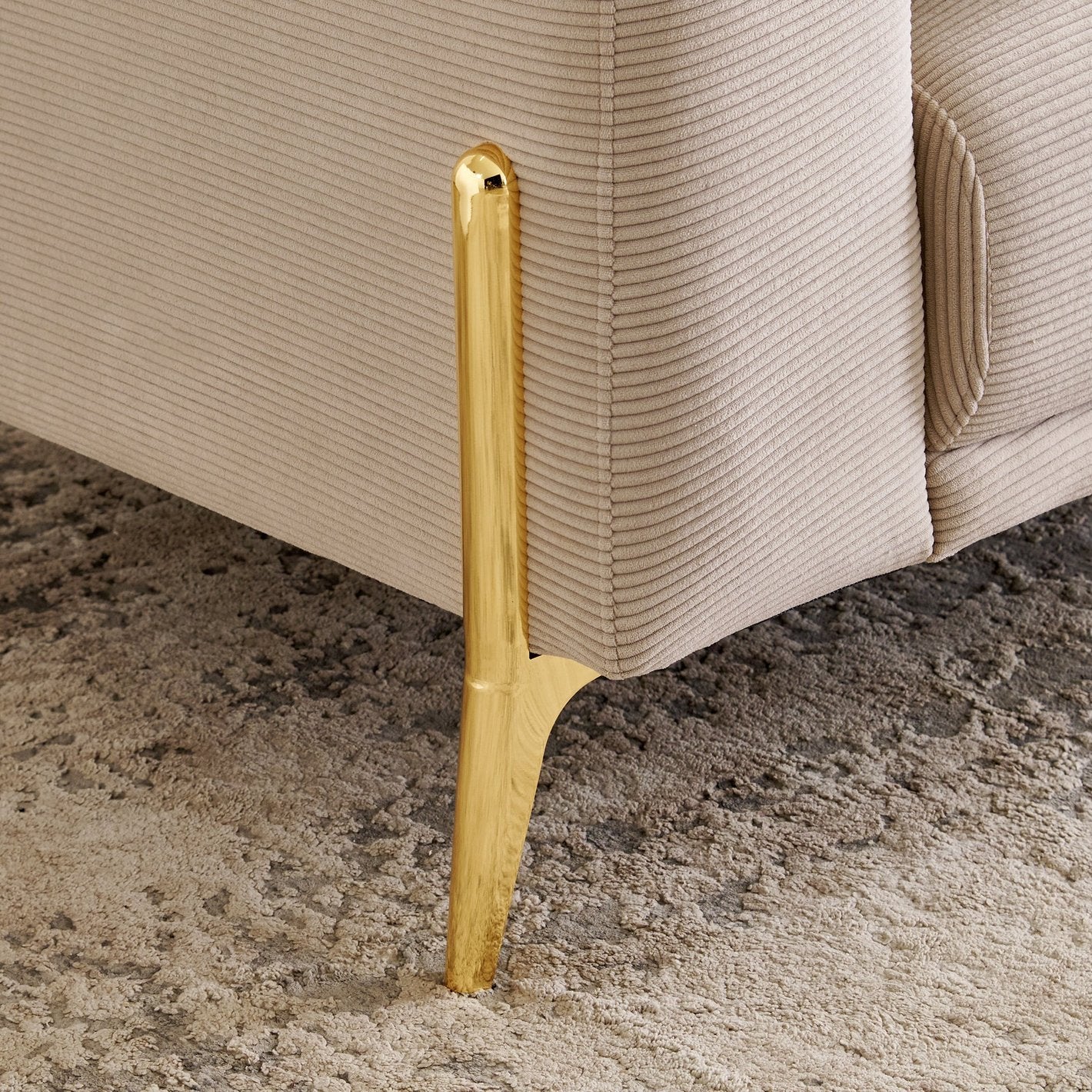 Designer Sofa with Soft Fabric Upholstery, Solid Wood Frame & Gold Finish Legs for Modern Living Room Comfort and Luxury Style