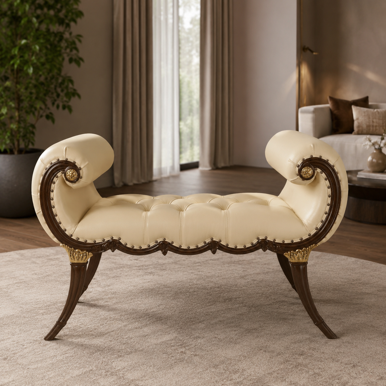 Luxury Wooden Twist Tufted Bench with Handcrafted Carved Frame and Premium Upholstery for Living Room & Lounge Decor