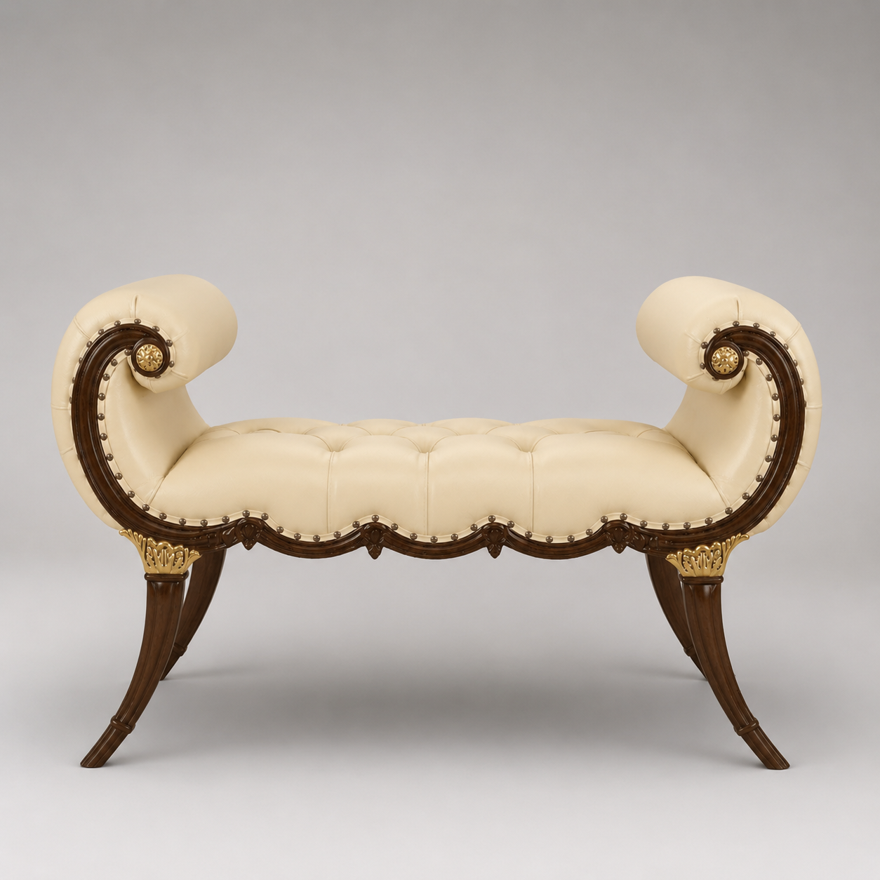 Luxury Wooden Twist Tufted Bench with Handcrafted Carved Frame and Premium Upholstery for Living Room & Lounge Decor