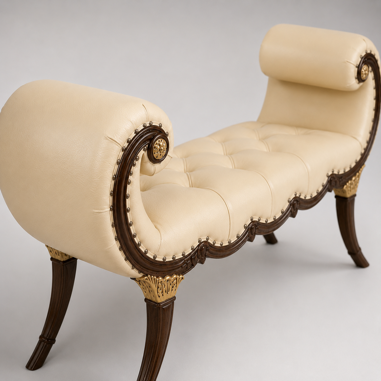 Luxury Wooden Twist Tufted Bench with Handcrafted Carved Frame and Premium Upholstery for Living Room & Lounge Decor