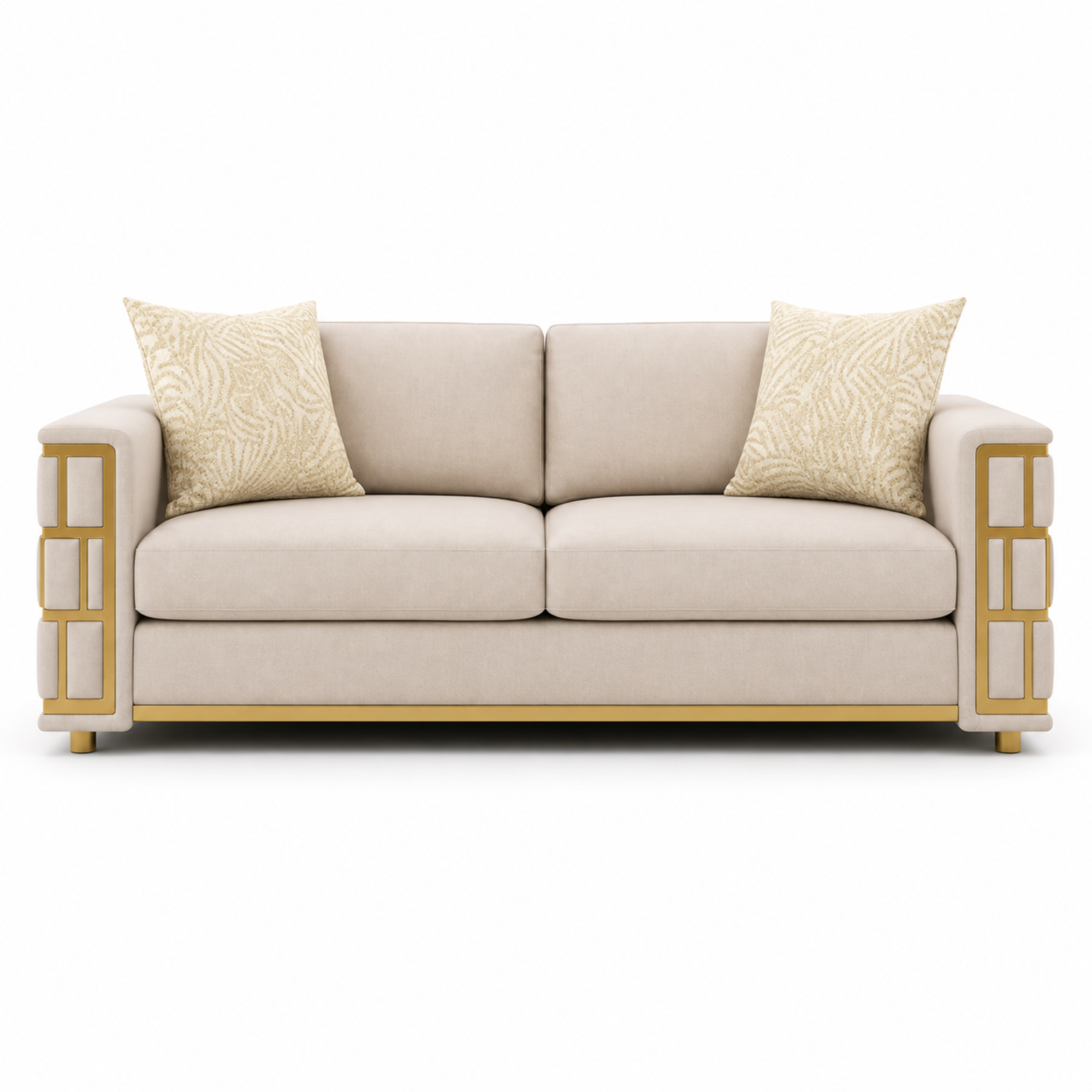 Luxury Italian Sofa Modern Designer Upholstered Soft Fabric High Density Foam Cushion Solid Wood Frame Gold Finish Premium Comfort