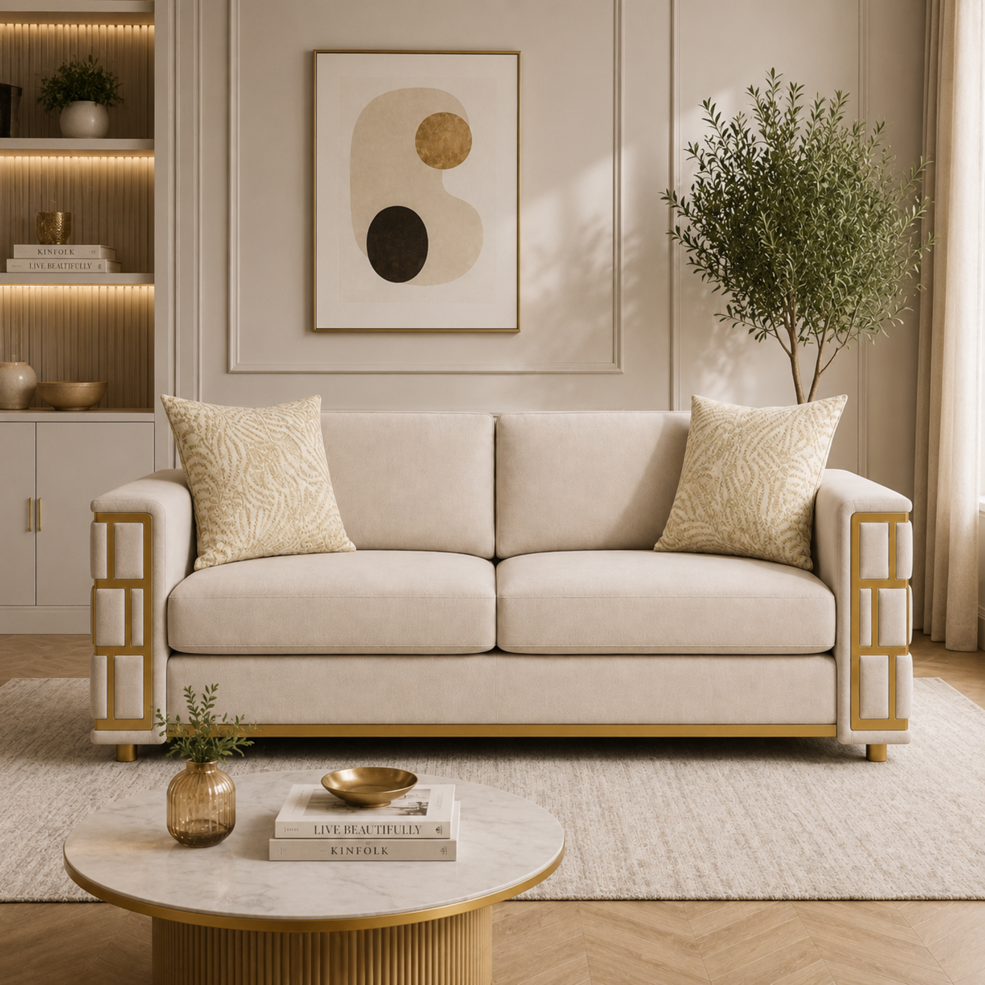 Luxury Italian Sofa Modern Designer Upholstered Soft Fabric High Density Foam Cushion Solid Wood Frame Gold Finish Premium Comfort