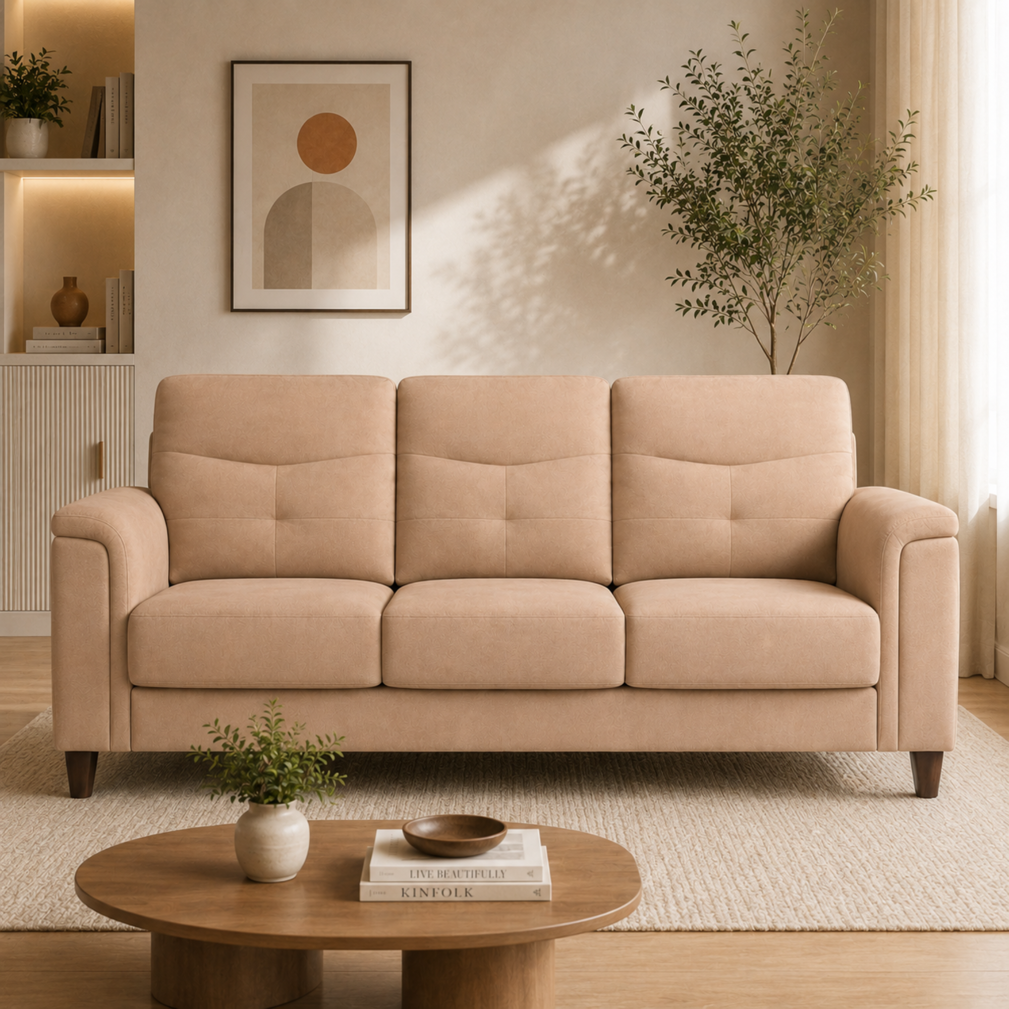 Luxury Wooden Sofa Modern Upholstered Design Soft Fabric High Density Foam Cushion Solid Wood Frame Handcrafted Durable Comfort Seating