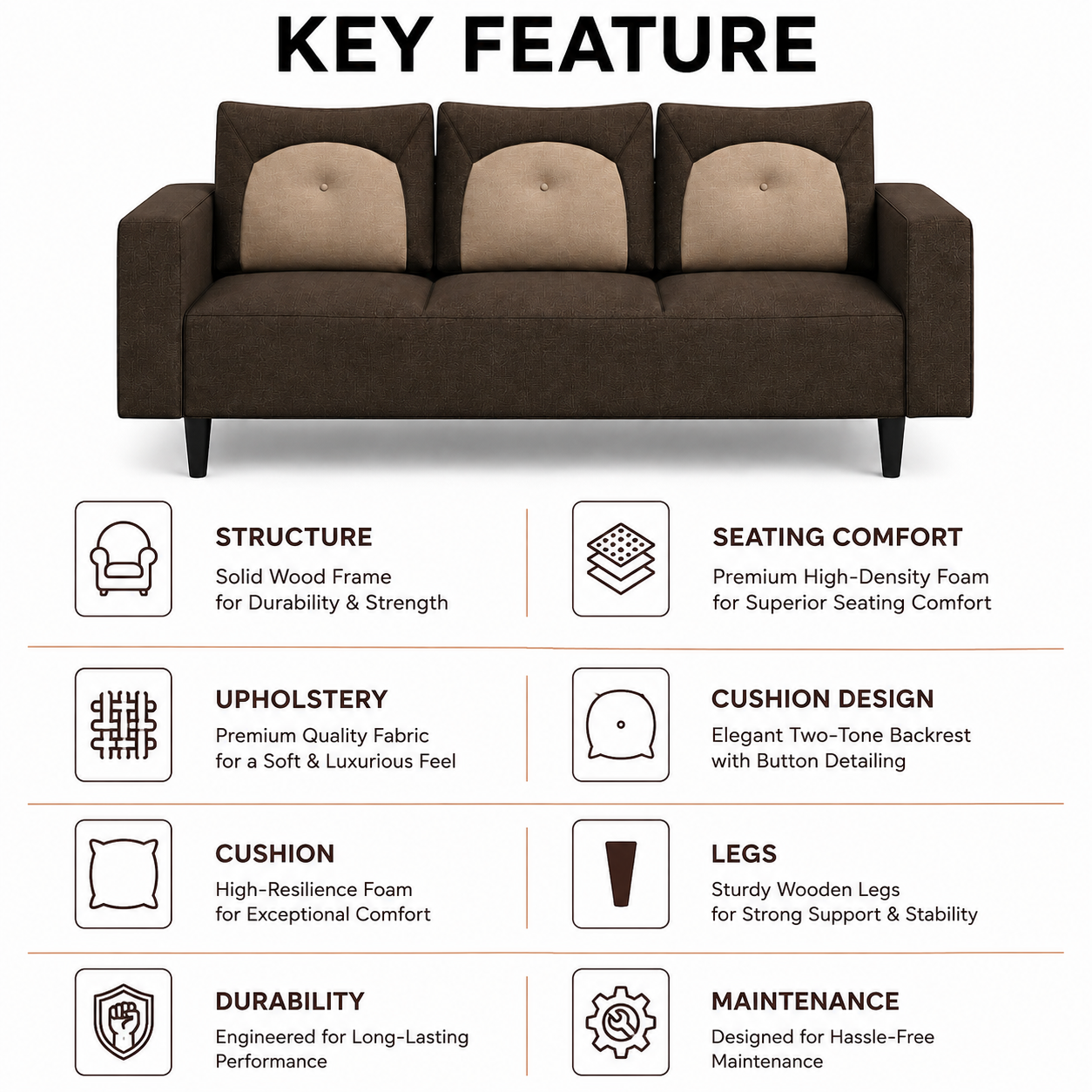 Modern Fabric Sofa Premium Upholstered Luxury Sofa with Dual Tone Design High Density Foam Seating Solid Wood Frame for Living Room