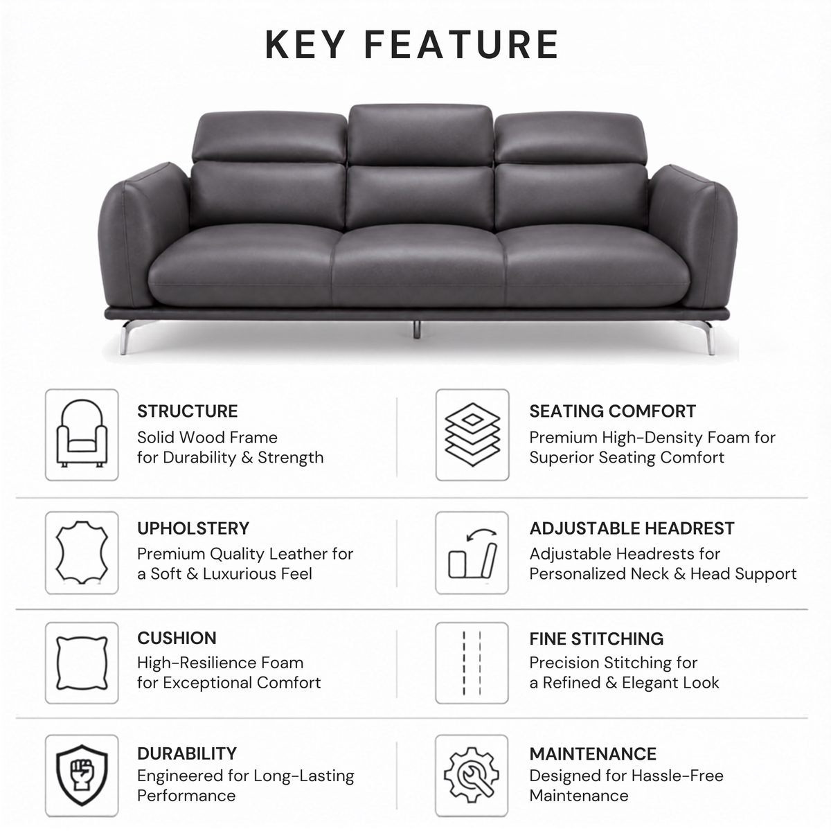 Modern Luxury Upholstered Sofa with Premium Leatherette Finish, High Density Foam Cushioning & Contemporary Designer Styling