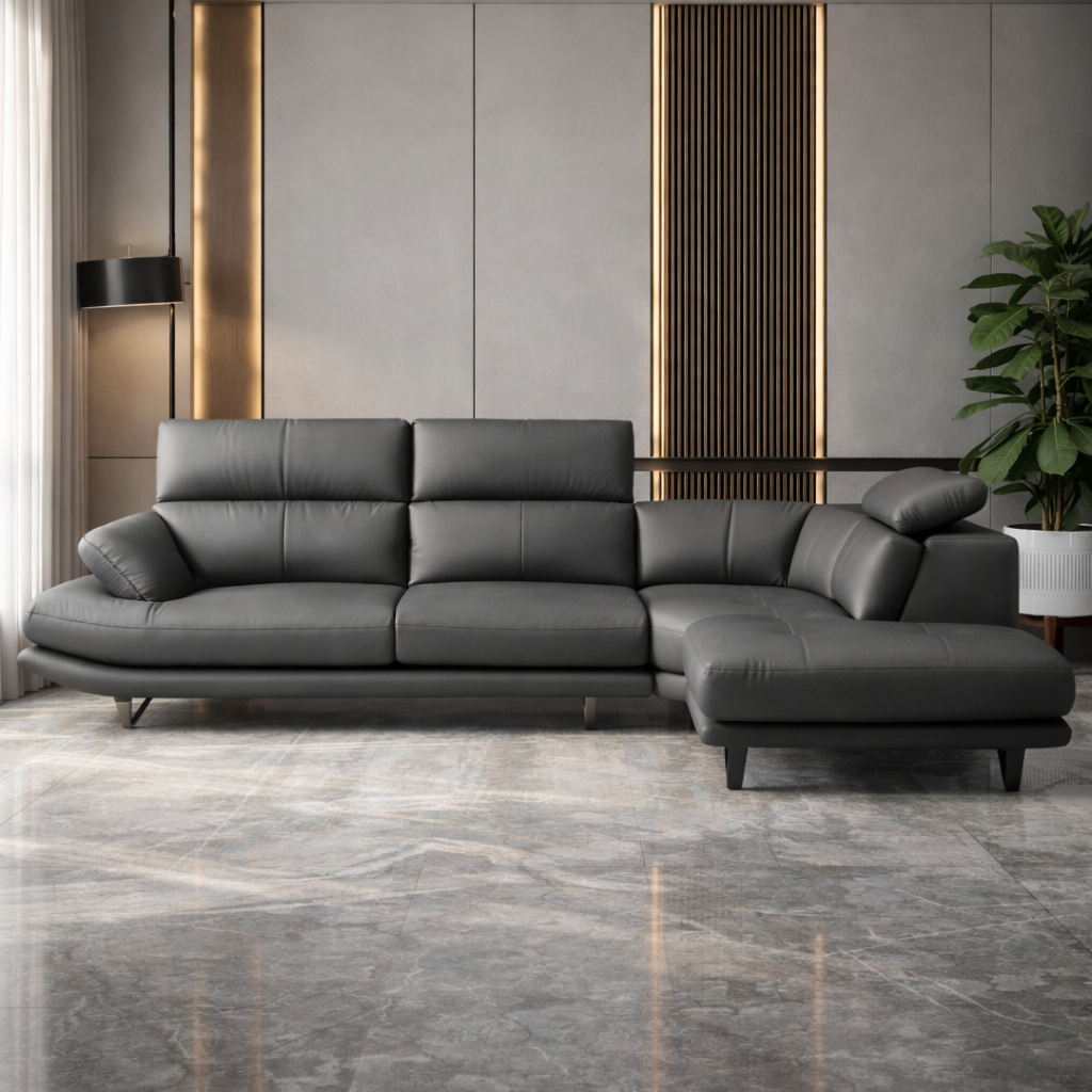 Modern L Shape Leather Sofa with Chaise Lounge, Premium Grey Upholstery, Deep Seating Comfort, Durable Frame & Contemporary Living Room Design