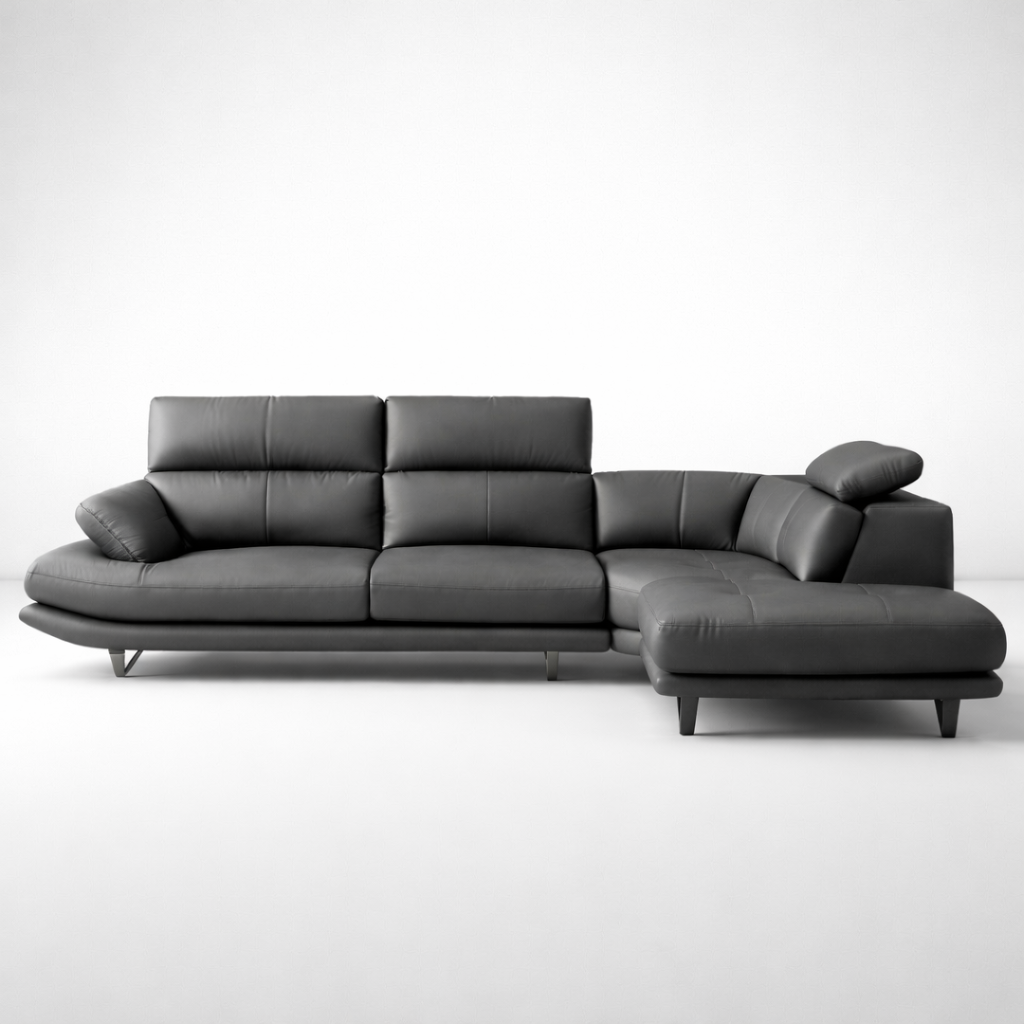 Modern L Shape Leather Sofa with Chaise Lounge, Premium Grey Upholstery, Deep Seating Comfort, Durable Frame & Contemporary Living Room Design