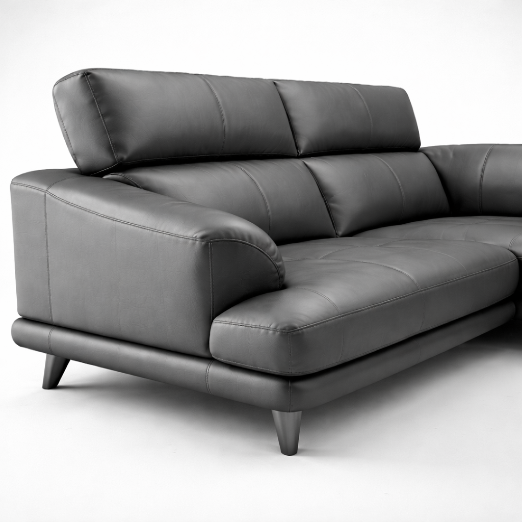 Modern L Shape Leather Sofa with Chaise Lounge, Premium Grey Upholstery, Deep Seating Comfort, Durable Frame & Contemporary Living Room Design