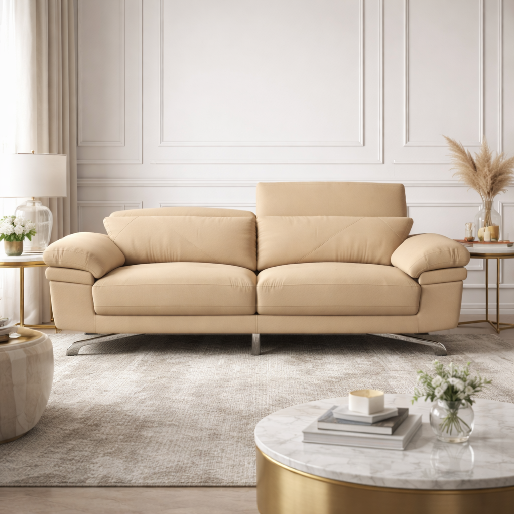Modern Beige Fabric Sofa with Metal Legs – Premium Upholstered Designer Sofa for Living Room, Luxury Comfort Seating & Durable Build