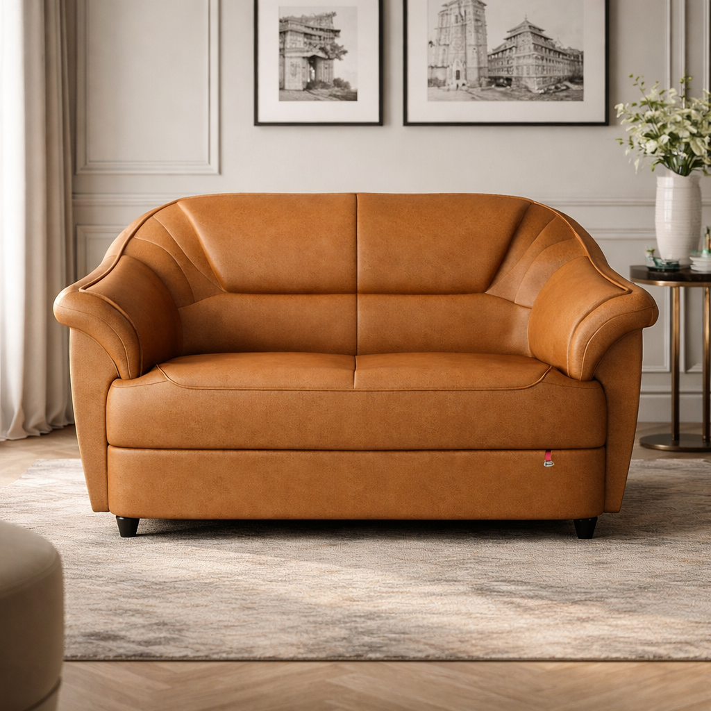 Premium Leather Sofa in Tan Finish with Curved Armrest, Modern Upholstered Design, High Density Foam Comfort for Living Room & Office Spaces