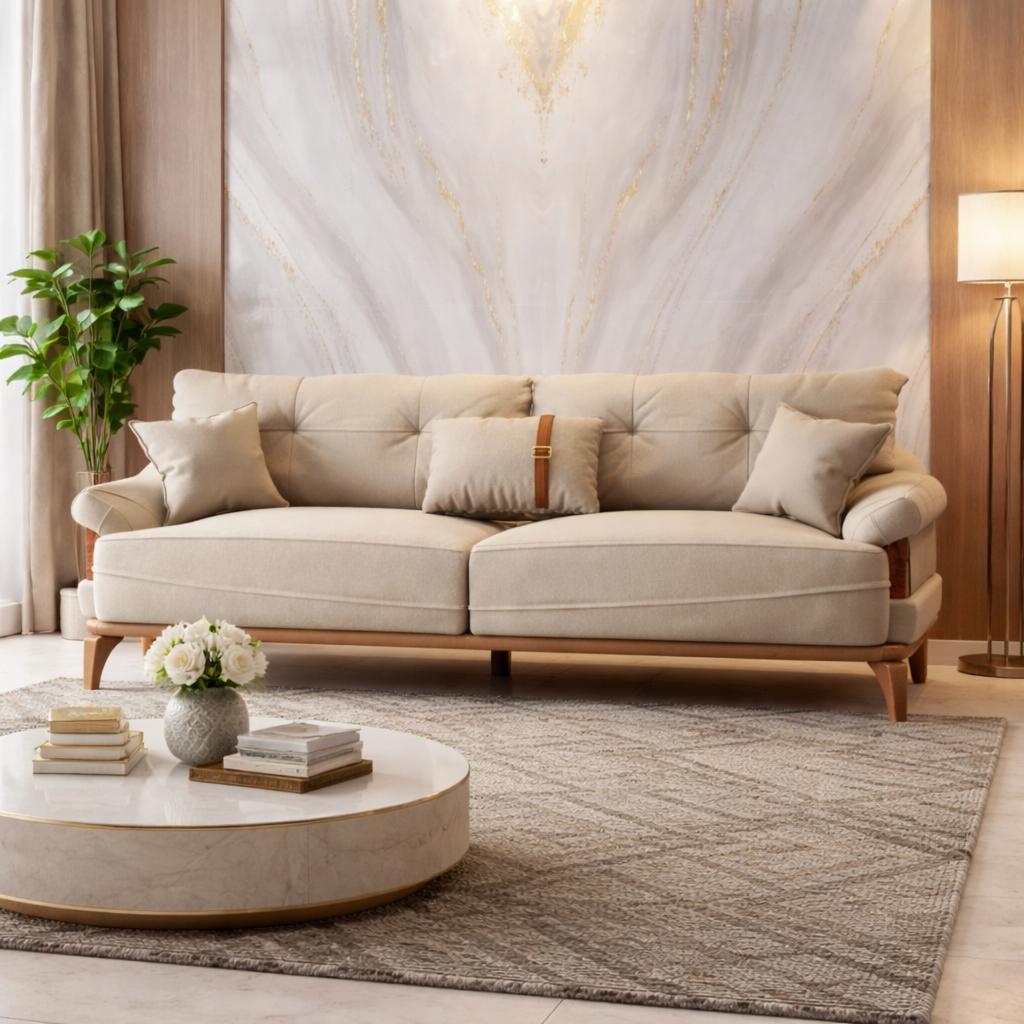 Luxury Fabric Sofa Beige Modern Upholstered Wooden Base Designer Couch with Premium Comfort and Elegant Living Room Seating