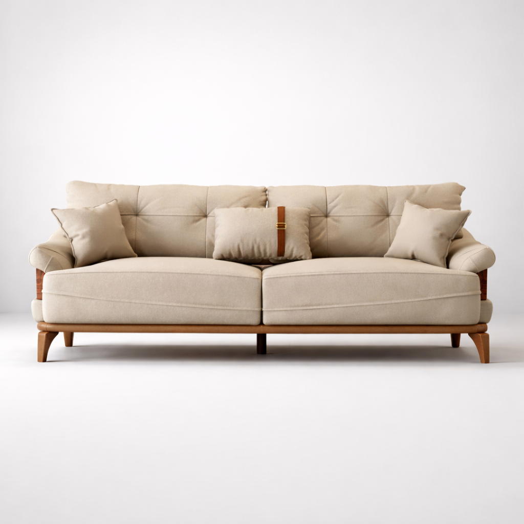 Luxury Fabric Sofa Beige Modern Upholstered Wooden Base Designer Couch with Premium Comfort and Elegant Living Room Seating
