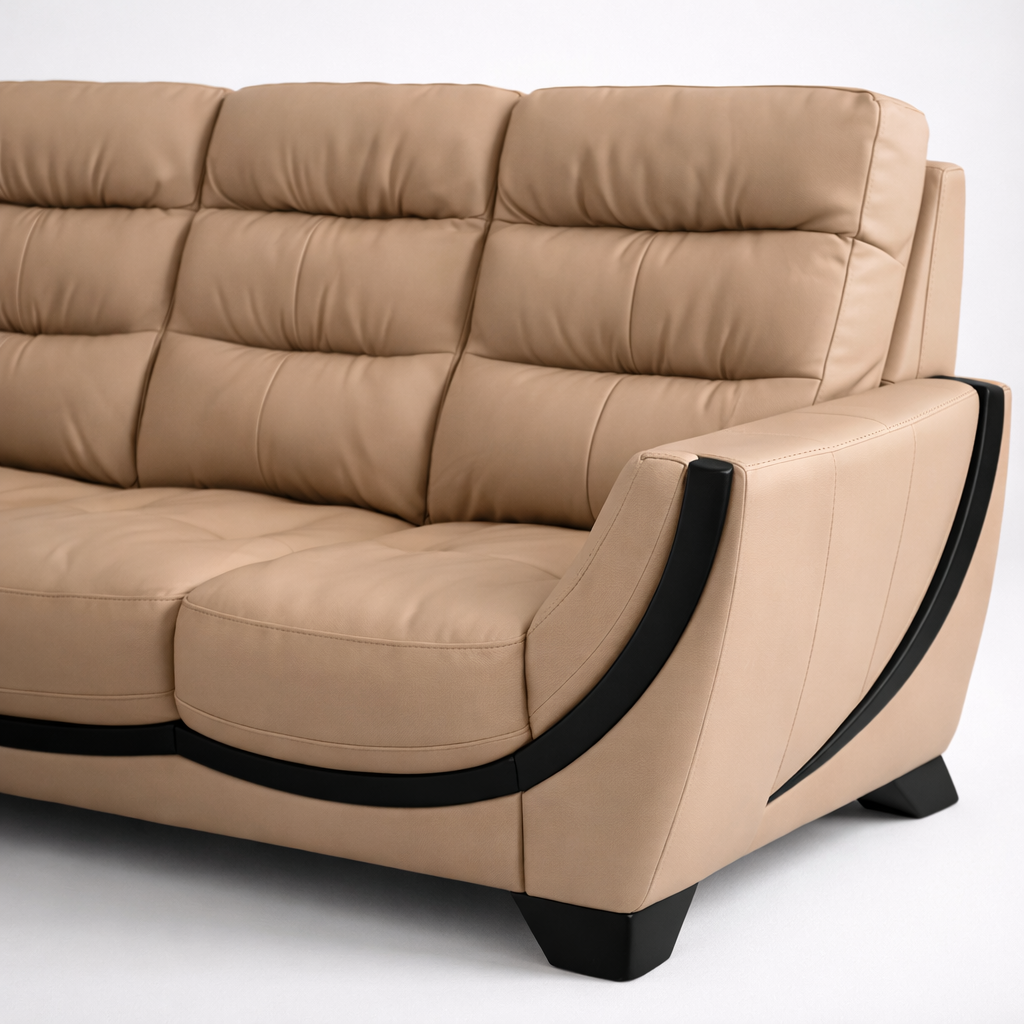 Premium Leatherette Sofa with Curved Design & High Density Foam Comfort | Modern Beige Upholstered Living Room Sofa