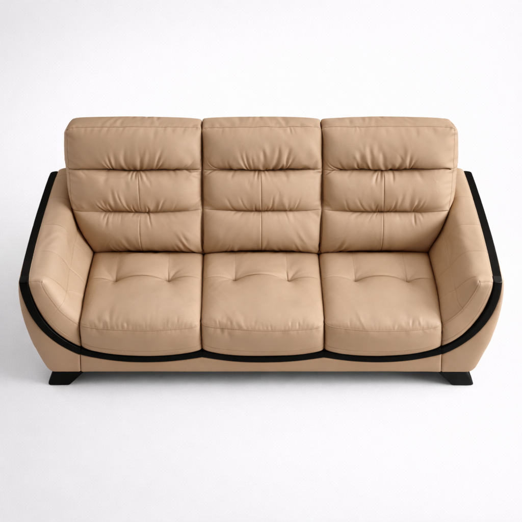 Premium Leatherette Sofa with Curved Design & High Density Foam Comfort | Modern Beige Upholstered Living Room Sofa