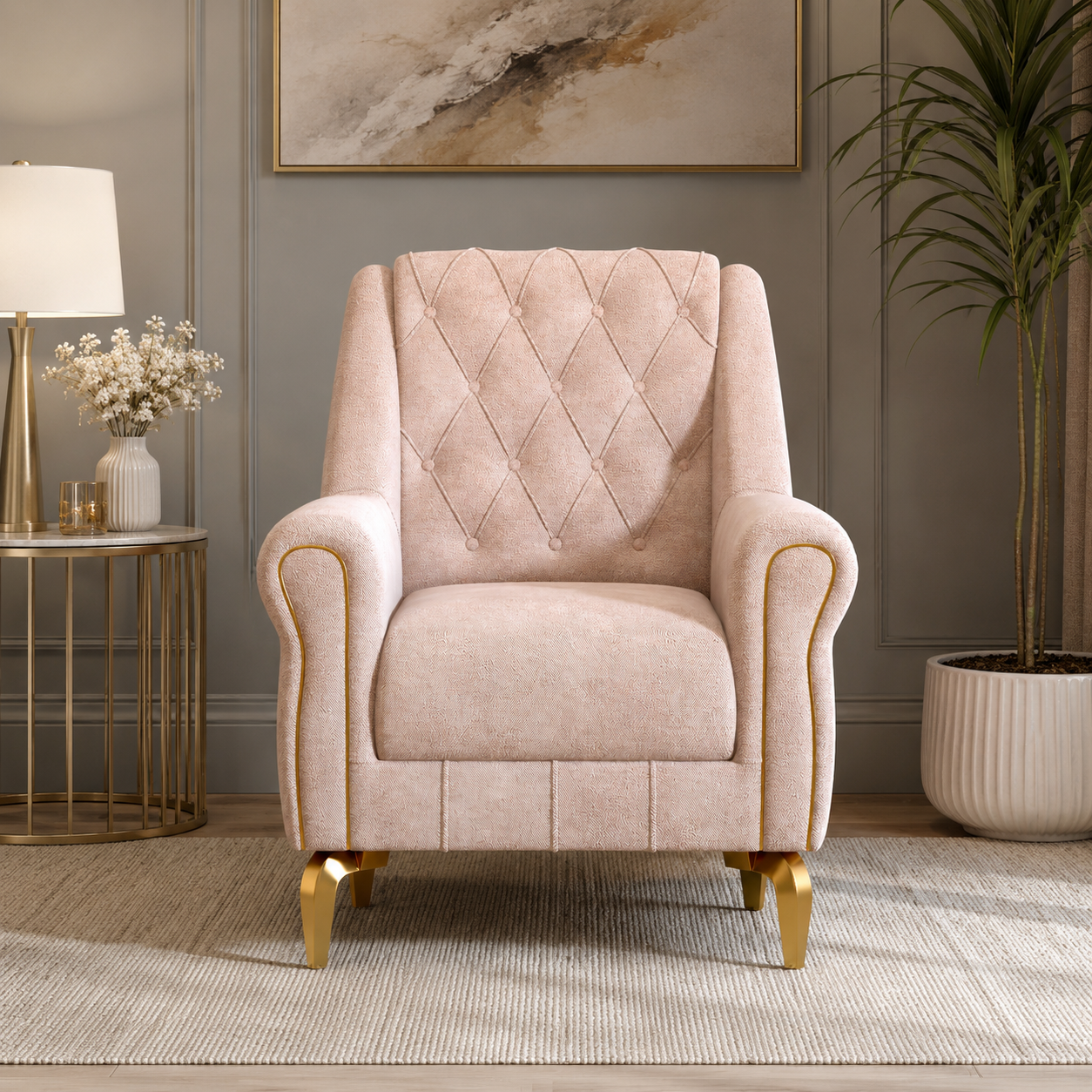 Luxury Tufted Accent Chair with Velvet Upholstery, Curved Armrests & Gold Detail Legs for Living Room & Lounge Spaces