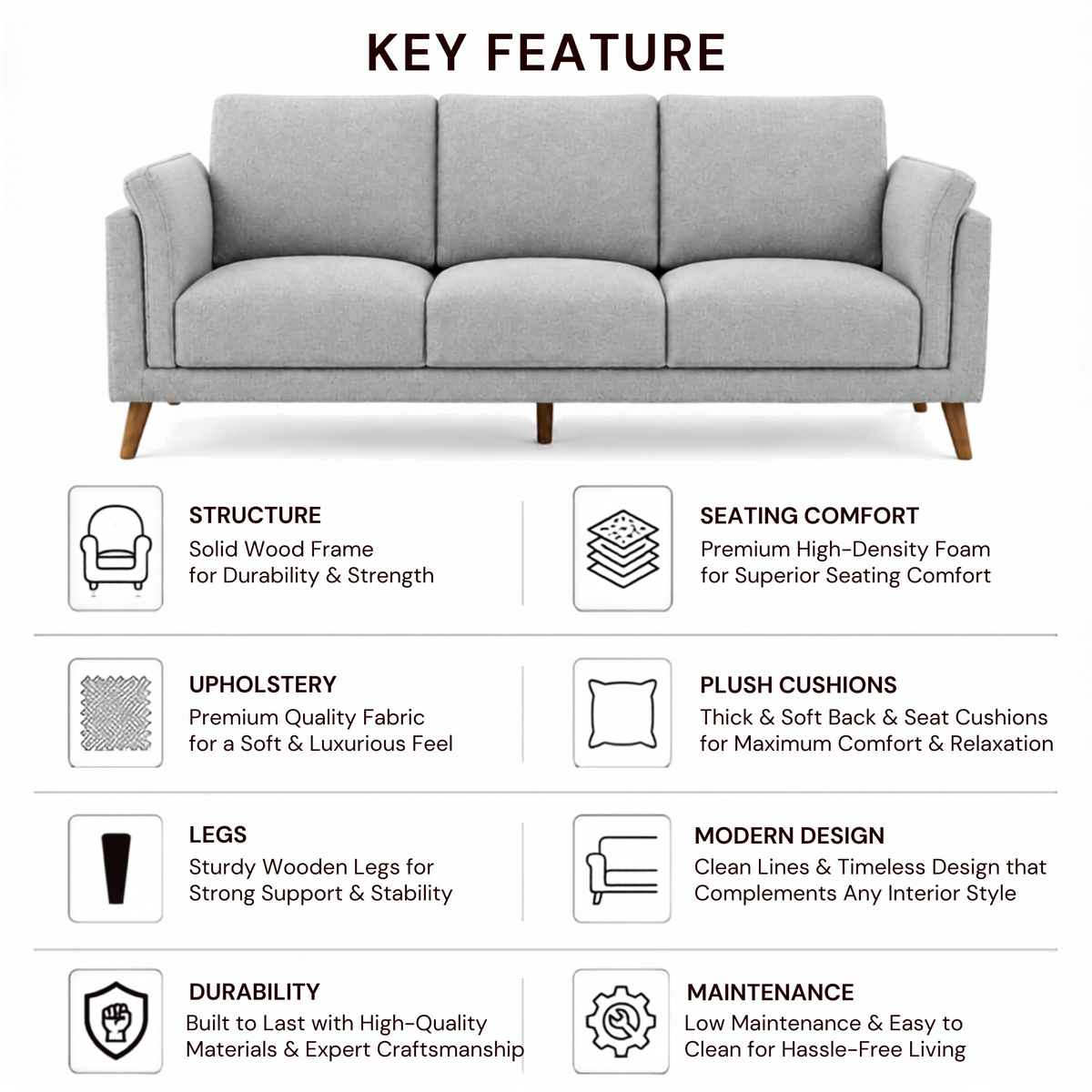 Modern Upholstered Luxury Sofa with Premium Cushioning, Solid Wood Frame & Contemporary Designer Living Room Furniture