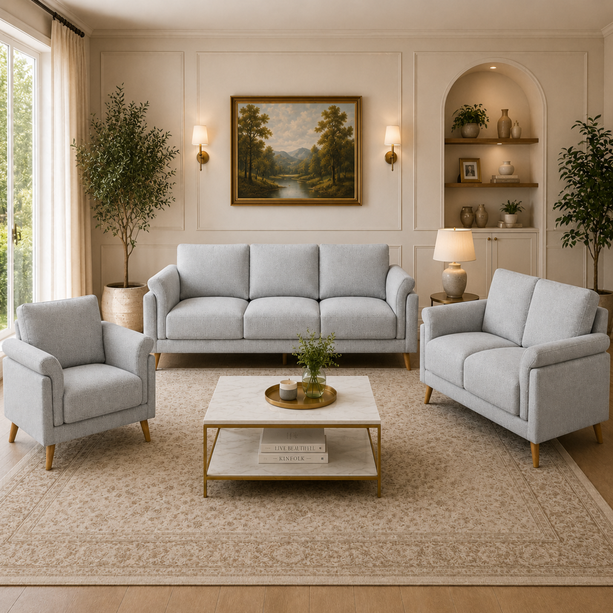 Modern Upholstered Luxury Sofa with Premium Cushioning, Solid Wood Frame & Contemporary Designer Living Room Furniture