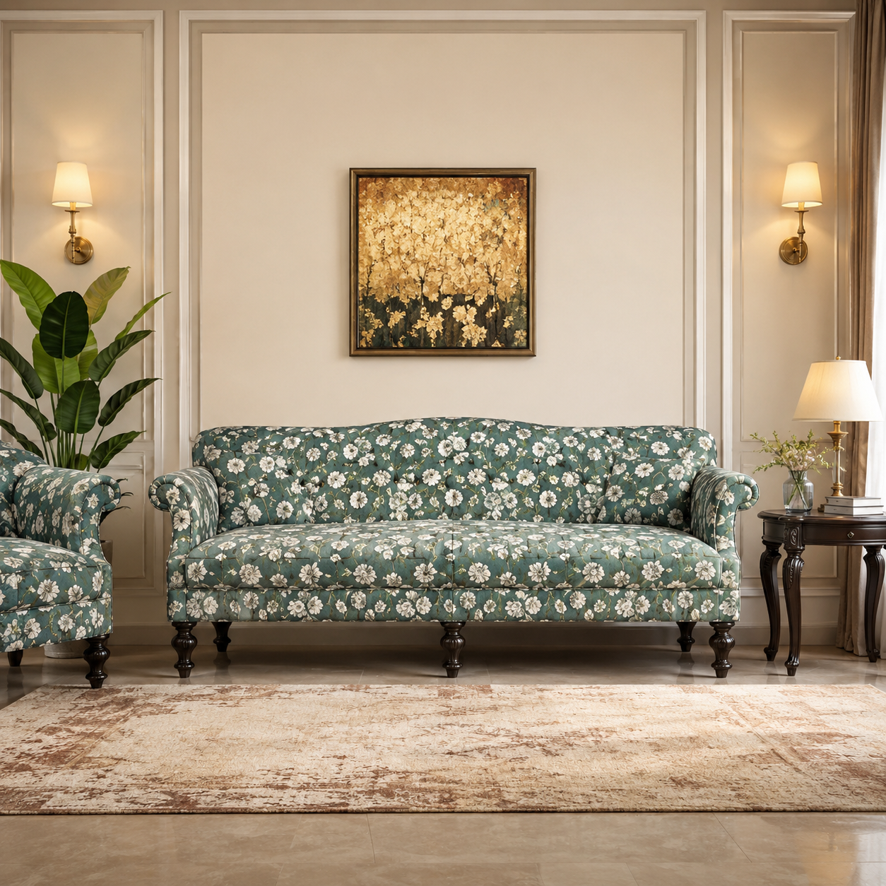Classic Floral Upholstered Fabric Sofa with Premium Jacquard Texture, Rolled Arms and Solid Wooden Legs for Luxury Interiors