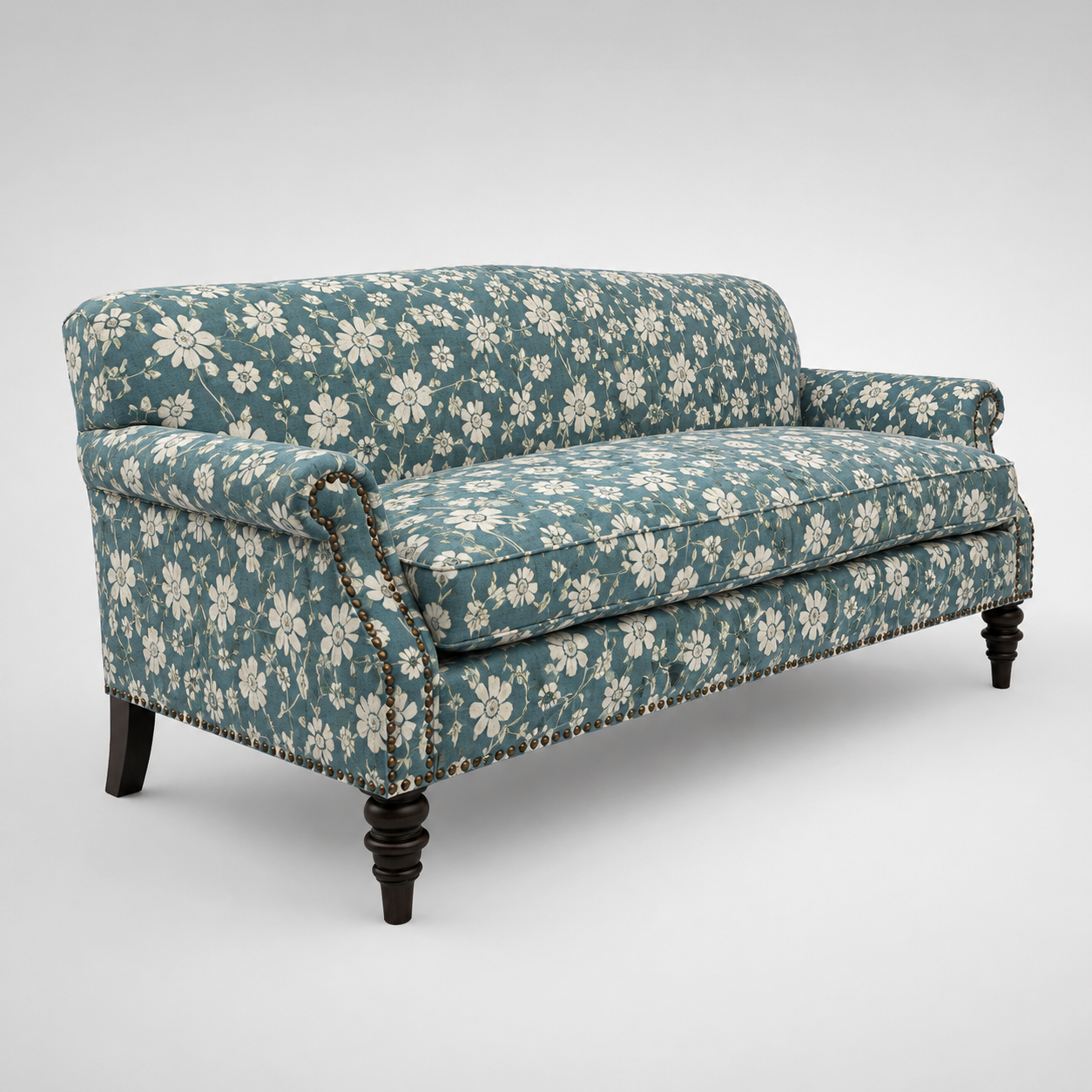 Classic Floral Upholstered Fabric Sofa with Premium Jacquard Texture, Rolled Arms and Solid Wooden Legs for Luxury Interiors