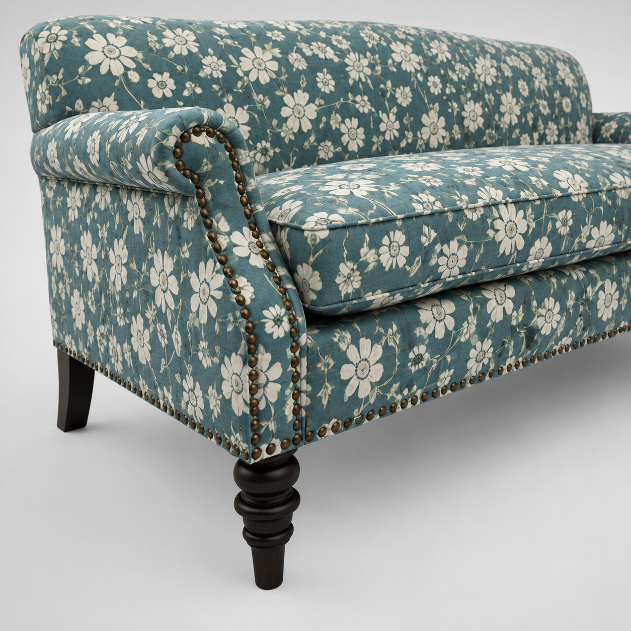 Classic Floral Upholstered Fabric Sofa with Premium Jacquard Texture, Rolled Arms and Solid Wooden Legs for Luxury Interiors