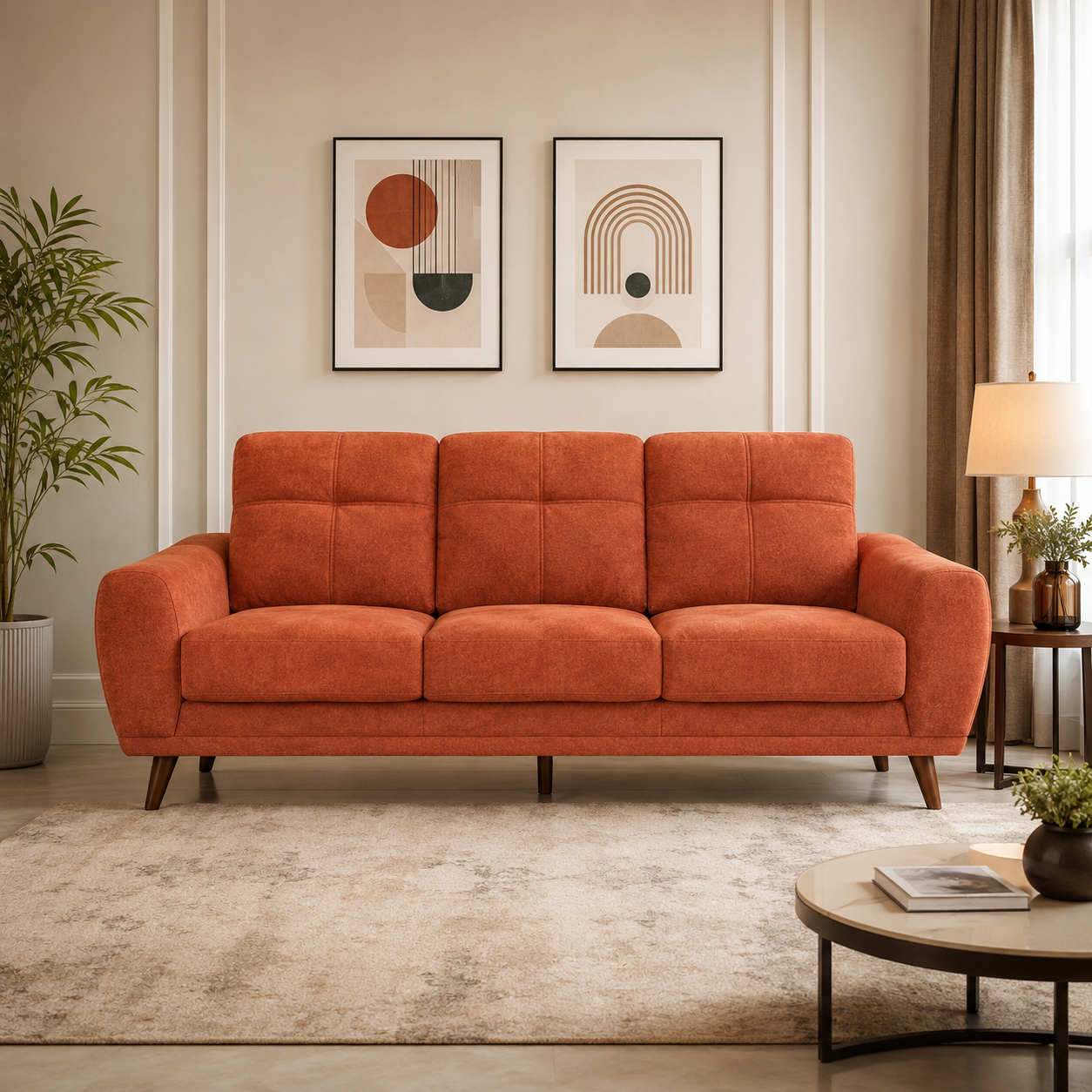 Modern Upholstered Fabric Sofa with Channel Tufted Backrest, Premium Cushioning and Wooden Legs for Living Room Use