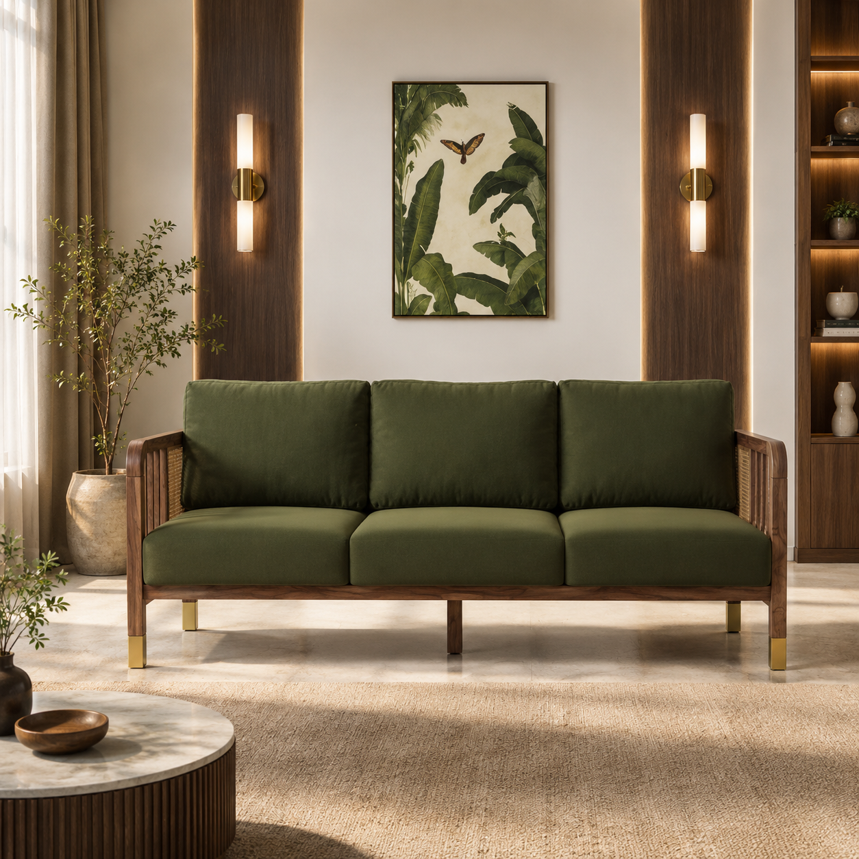 Modern Upholstered Wooden Sofa with Premium Cushion Seating and Solid Wood Frame for Living Room and Lounge Interiors
