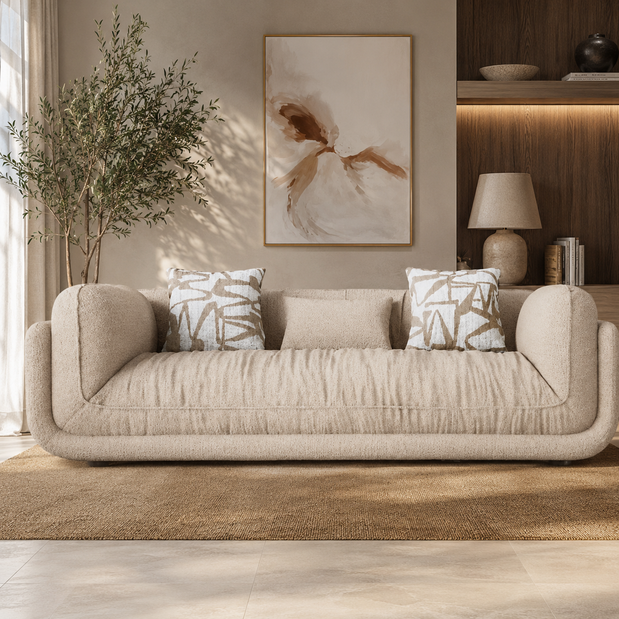 Modern Curved Upholstered Sofa with Premium Fabric Finish, Deep Comfortable Seating & Contemporary Luxury Living Room Design