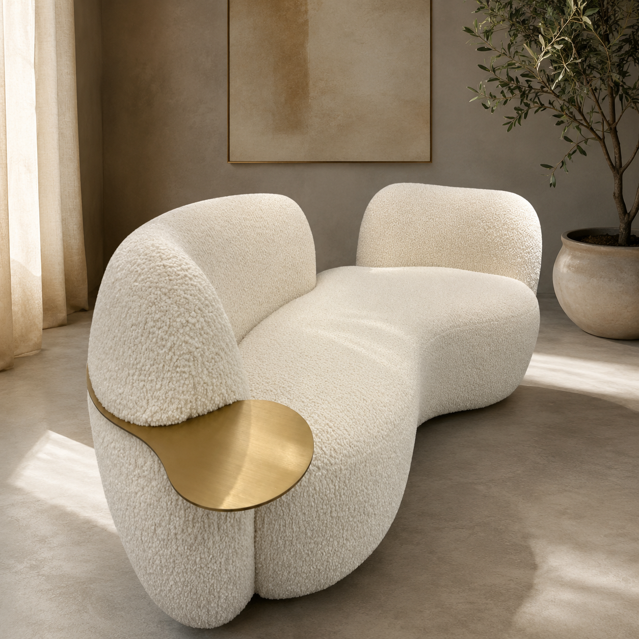 Modern Curved Boucle Lounge Sofa with Integrated Gold Side Tables Luxury Sculptural Reception Seating for Living Room & Lobby